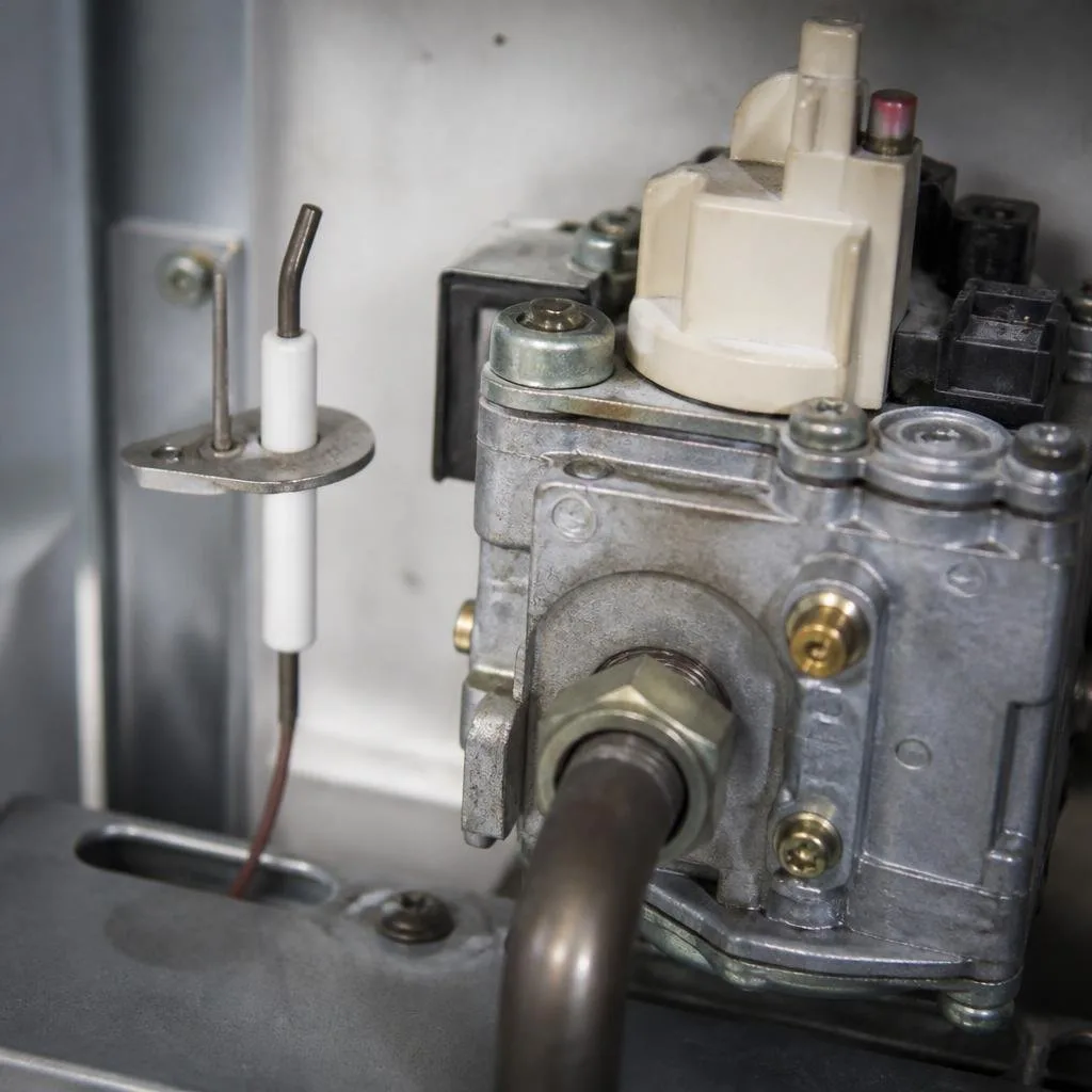 Detailansicht einer Gasarmatur und Zündelektrode
