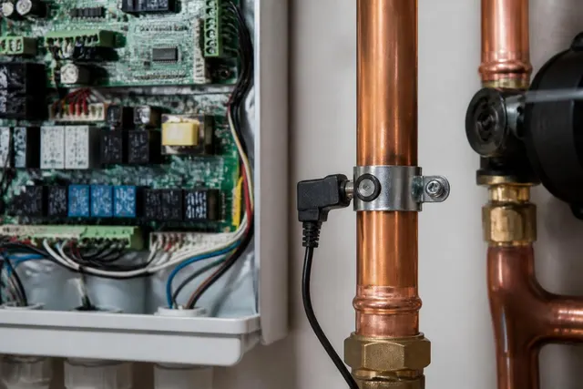 Vorlauftemperatursensor und Elektronik eines Heizgeräts