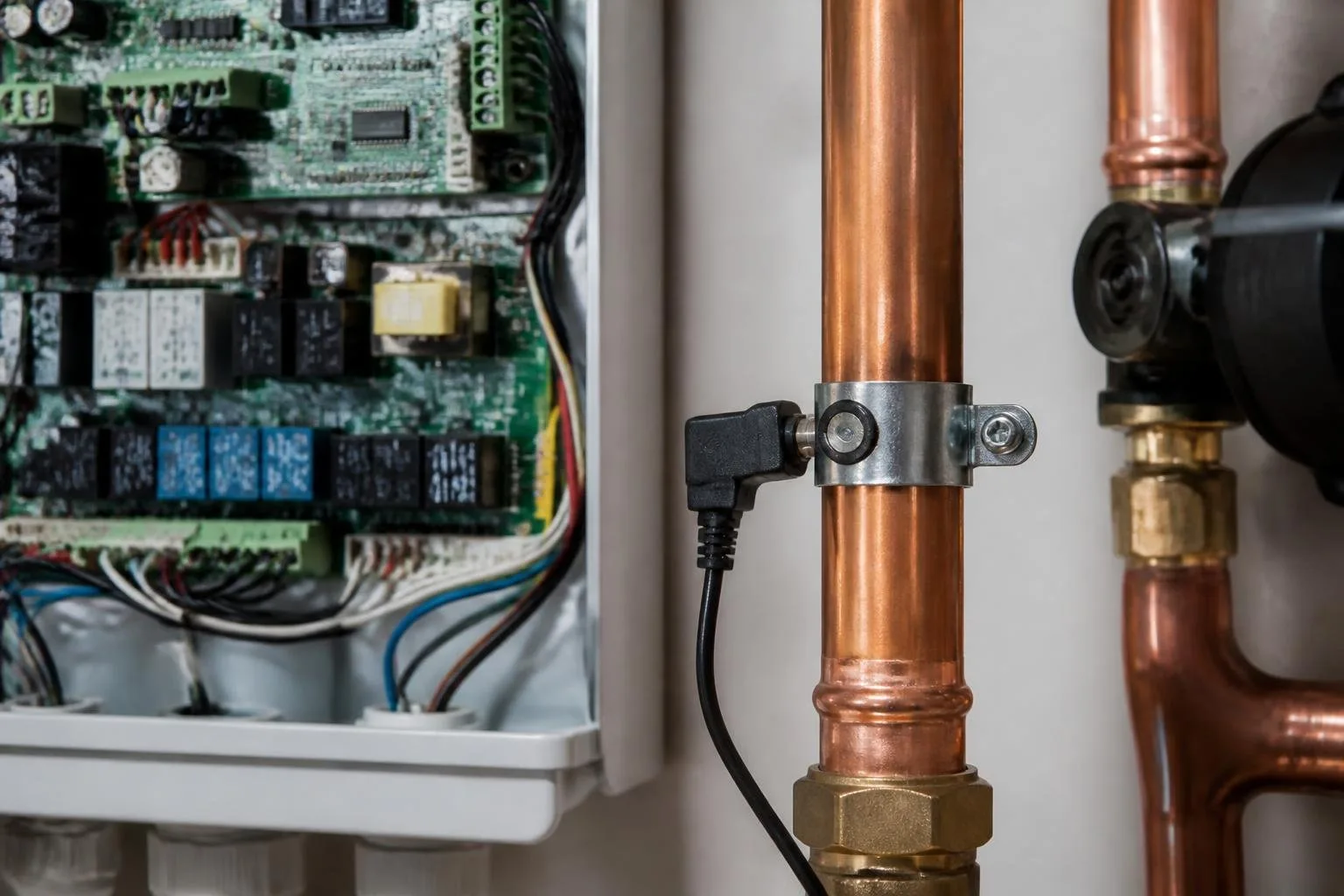 Vorlauftemperatursensor und Elektronik eines Heizgeräts