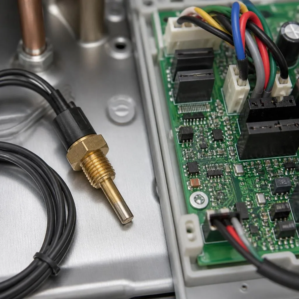 Temperatursensor mit Kabel neben einer Heizungsplatine