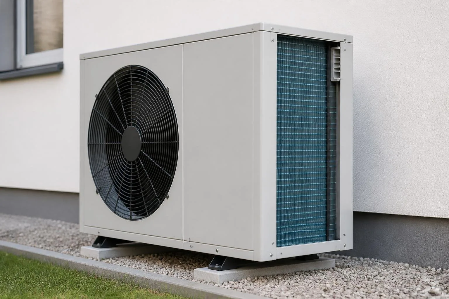 Außeneinheit einer Wärmepumpe mit sichtbarem Lüfter und Wärmetauscher