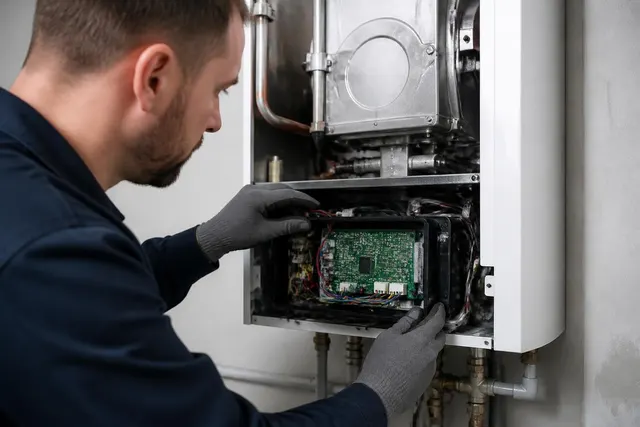 Regelungsmodul und elektrische Anschlüsse in einem Heizgerät