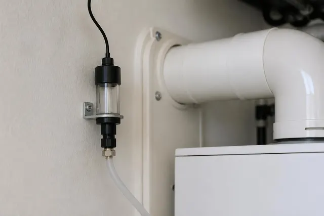 Abgassensor an einer Gastherme im Bereich des Abgasanschlusses