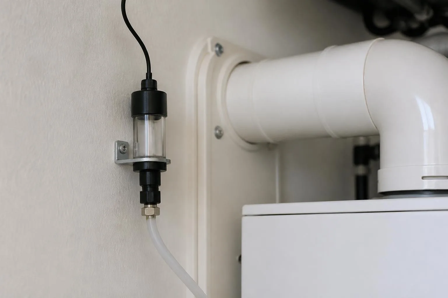 Abgassensor an einer Gastherme im Bereich des Abgasanschlusses