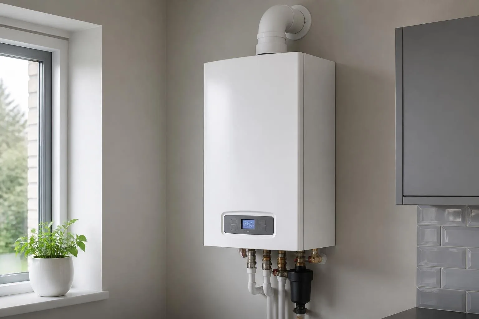 Wandhängende Gastherme mit sichtbarem Abgasanschluss