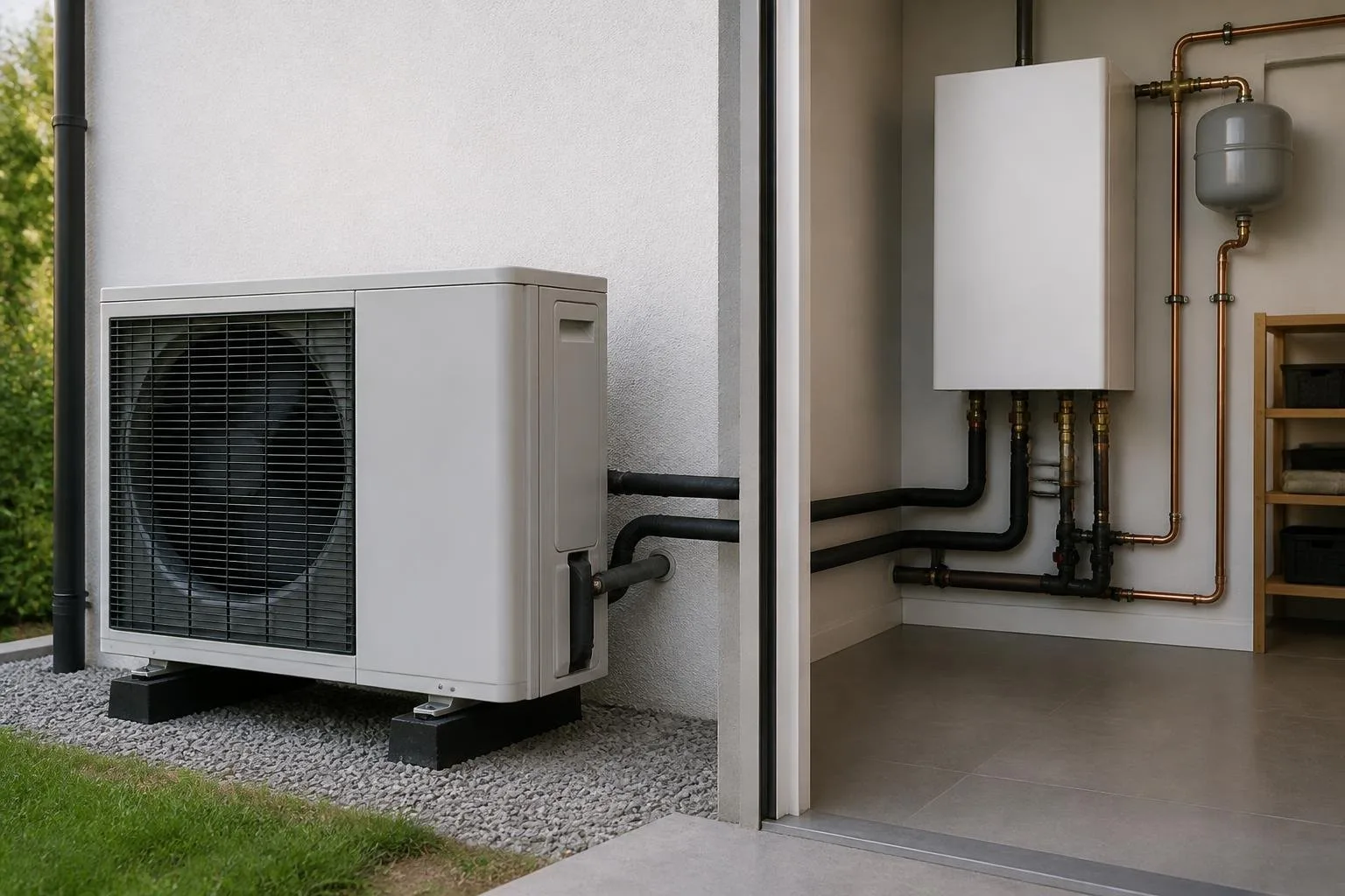 Außeneinheit und Heizungsanschlüsse einer Wärmepumpe