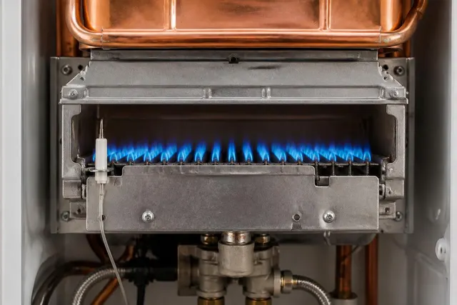 Brenner und Ionisationselektrode in einer wandhängenden Gas-Brennwerttherme