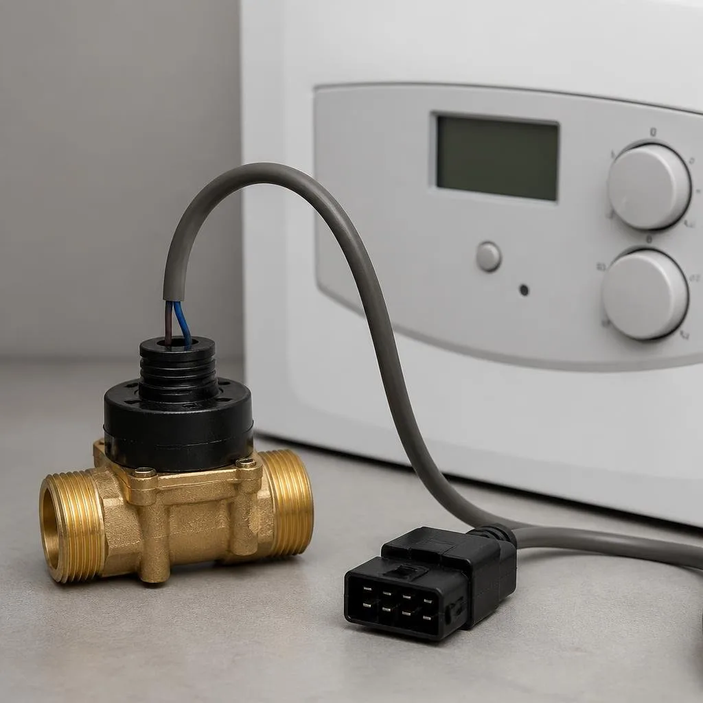 Volumenstromsensor mit Stecker und Anschlussleitung an einer Heizungsanlage