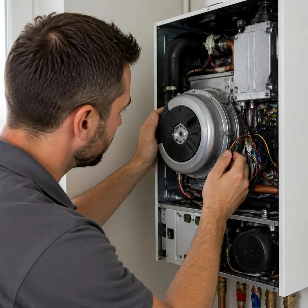 Fachhandwerker prüft das Gebläse und seine elektrischen Verbindungen