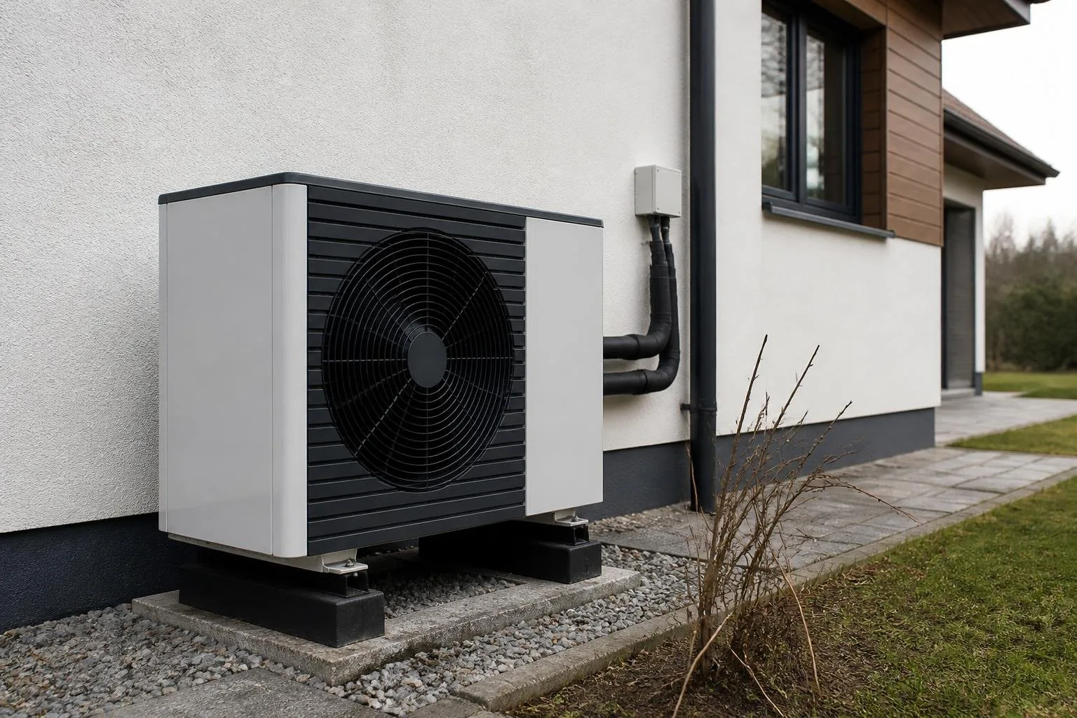 Außengerät einer Wärmepumpe neben einem Wohnhaus