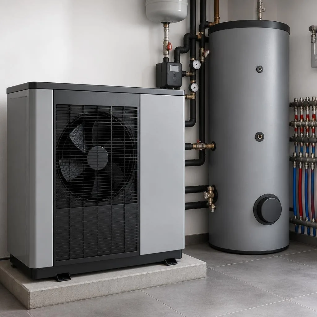 Wärmepumpe mit Heizungsleitungen und Pufferspeicher