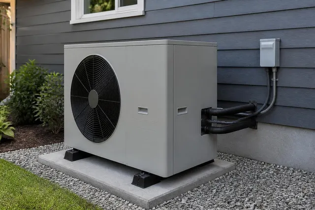 Außengerät einer Wärmepumpe neben einem Wohnhaus