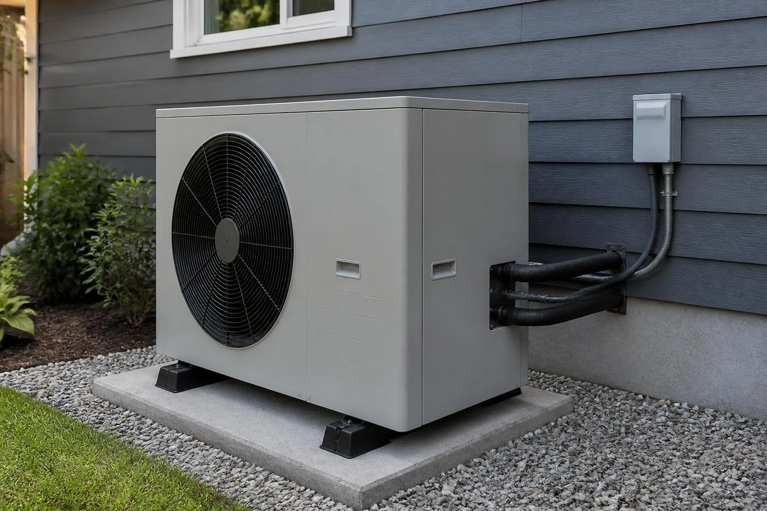 Außengerät einer Wärmepumpe neben einem Wohnhaus