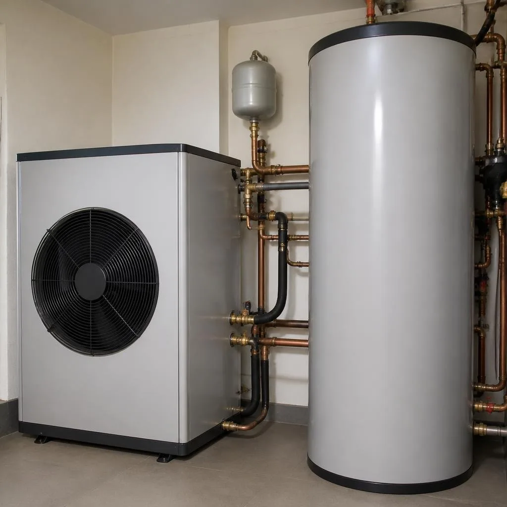Wärmepumpe neben einem Warmwasserspeicher im Technikraum