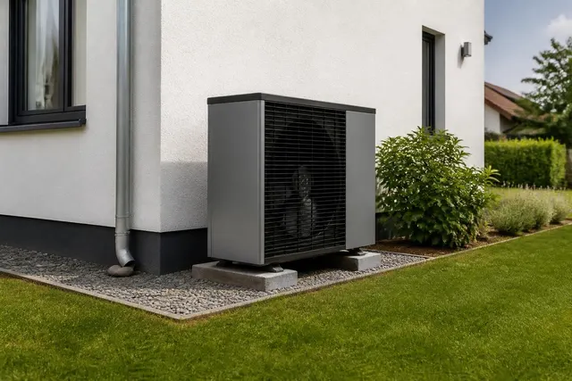 Außengerät einer Luft-Wasser-Wärmepumpe neben einem Wohnhaus