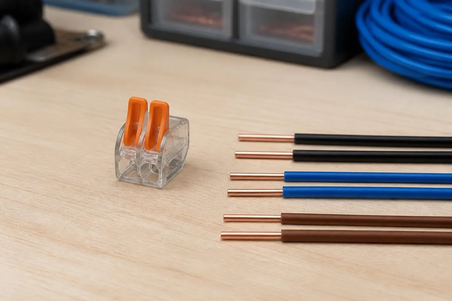 Transparente Hebelklemme für zwei elektrische Leiter neben verschiedenartigen Leitern