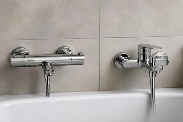 Thermostat-Wannenbatterie und Einhebel-Wannenarmatur an einer Badewanne