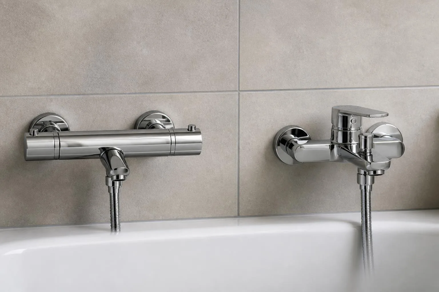 Thermostat-Wannenbatterie und Einhebel-Wannenarmatur an einer Badewanne