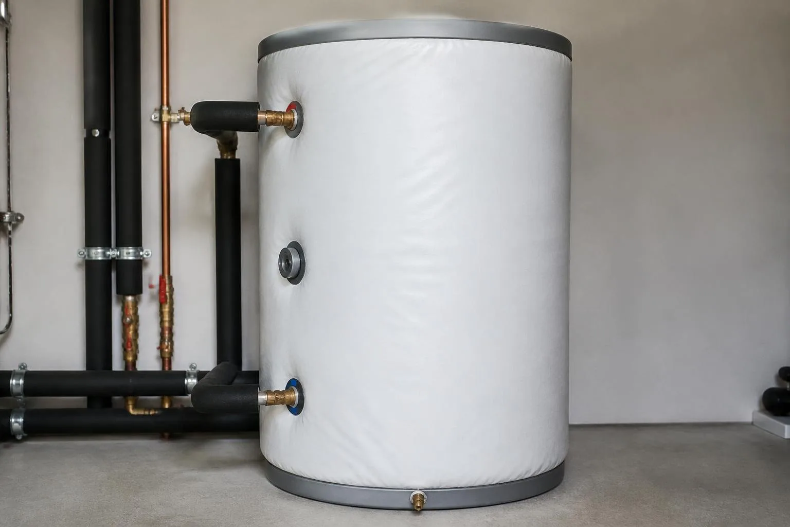 Warmwasserspeicher mit Isolierung und sichtbaren Rohranschlüssen