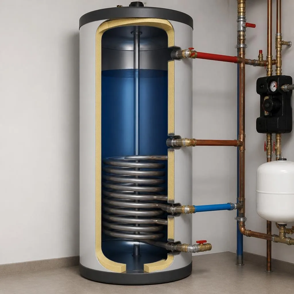 Schnittansicht eines Warmwasserspeichers mit Rohrschlange und Anschlüssen