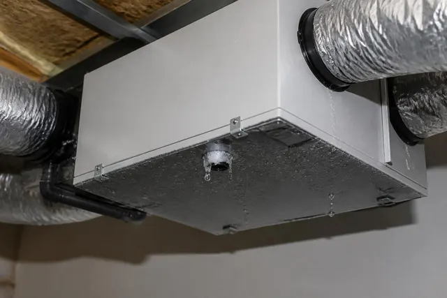Lüftungsgerät mit sichtbaren Wassertropfen und einer kleinen Eisbildung am Kondensatbereich