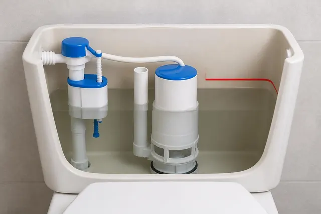 Zwei-Mengen-Spülkasten mit Füllventil und Markierung für den Wasserstand