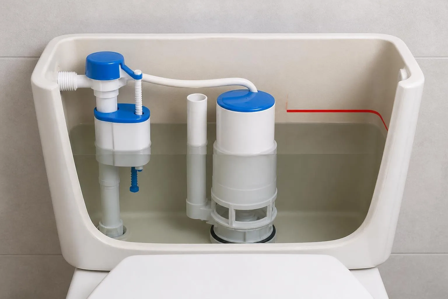 Zwei-Mengen-Spülkasten mit Füllventil und Markierung für den Wasserstand