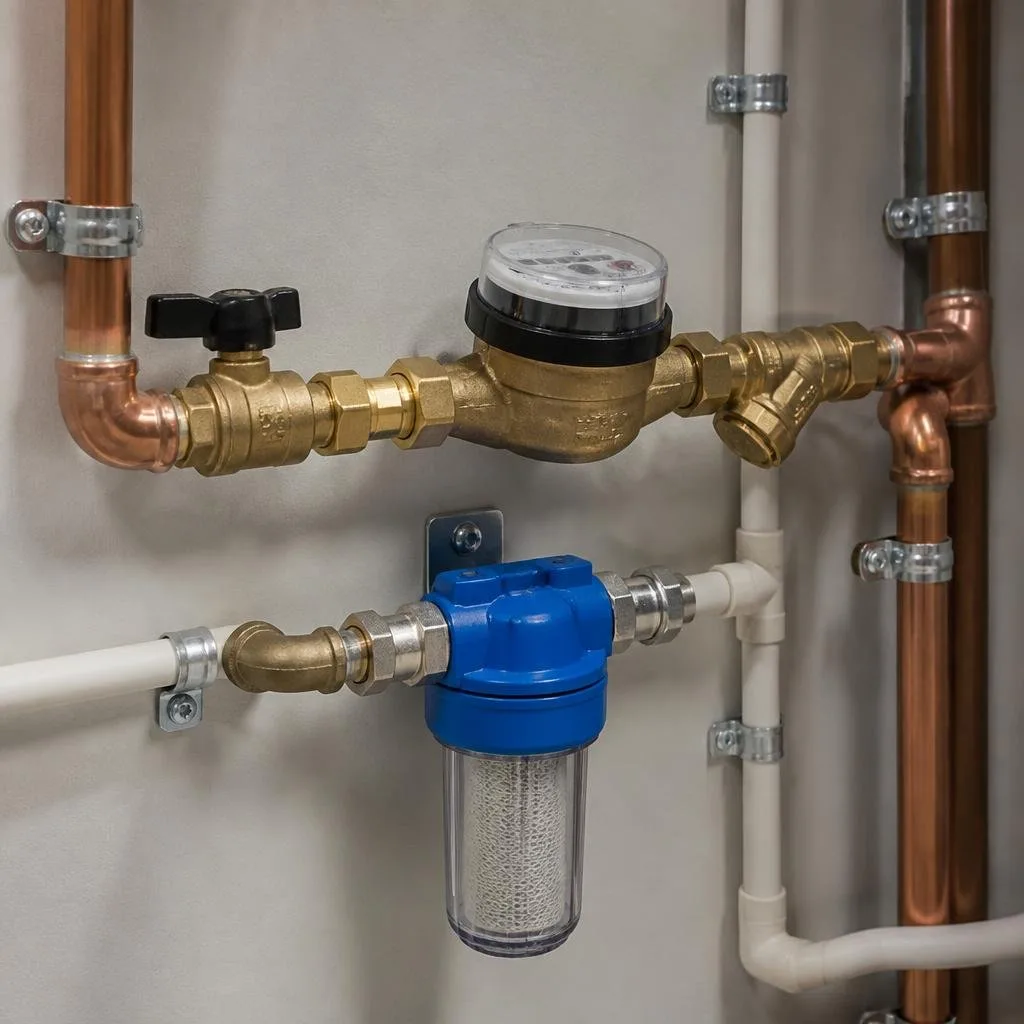 Partikelfilter und Wasserzähler neben den Trinkwasserleitungen