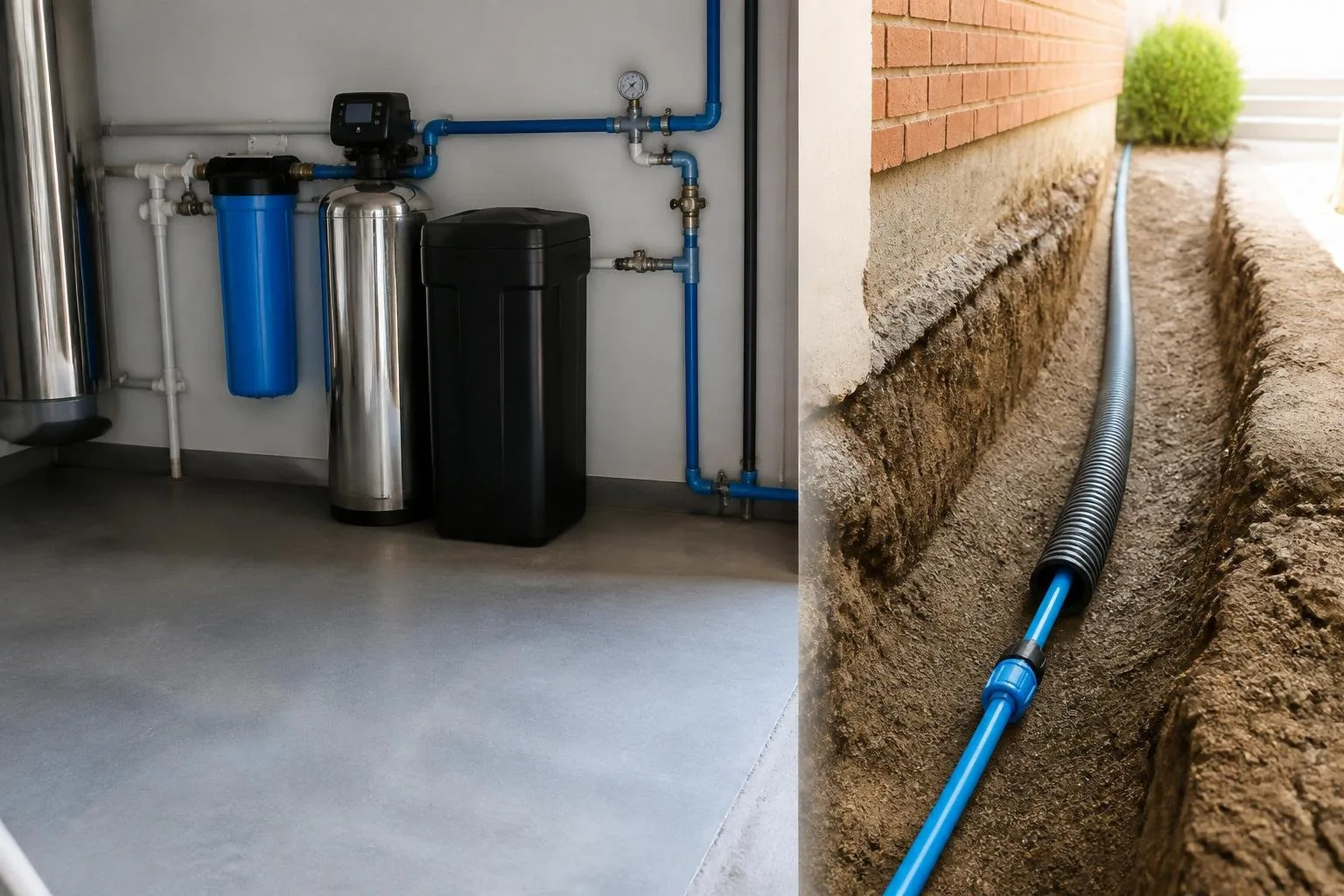 Trinkwasserleitung mit Schutzschlauch neben einer Wasserbehandlungsanlage