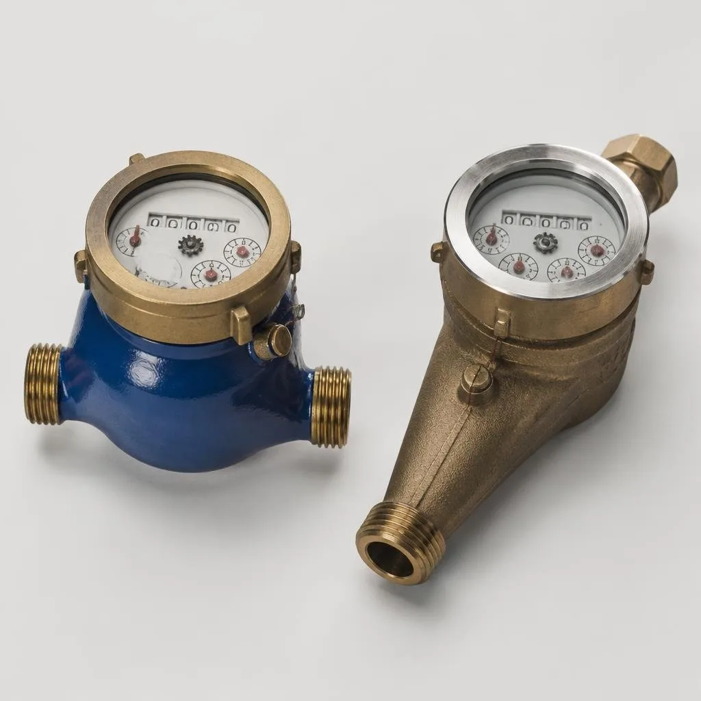 Zwei Wasserzähler mit unterschiedlichen Gehäuseformen und Anschlüssen
