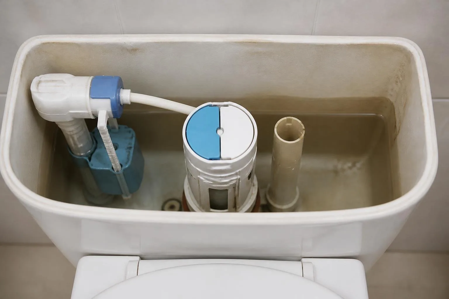 Geöffneter WC-Spülkasten mit sichtbarem Ablaufventil und Überlauf