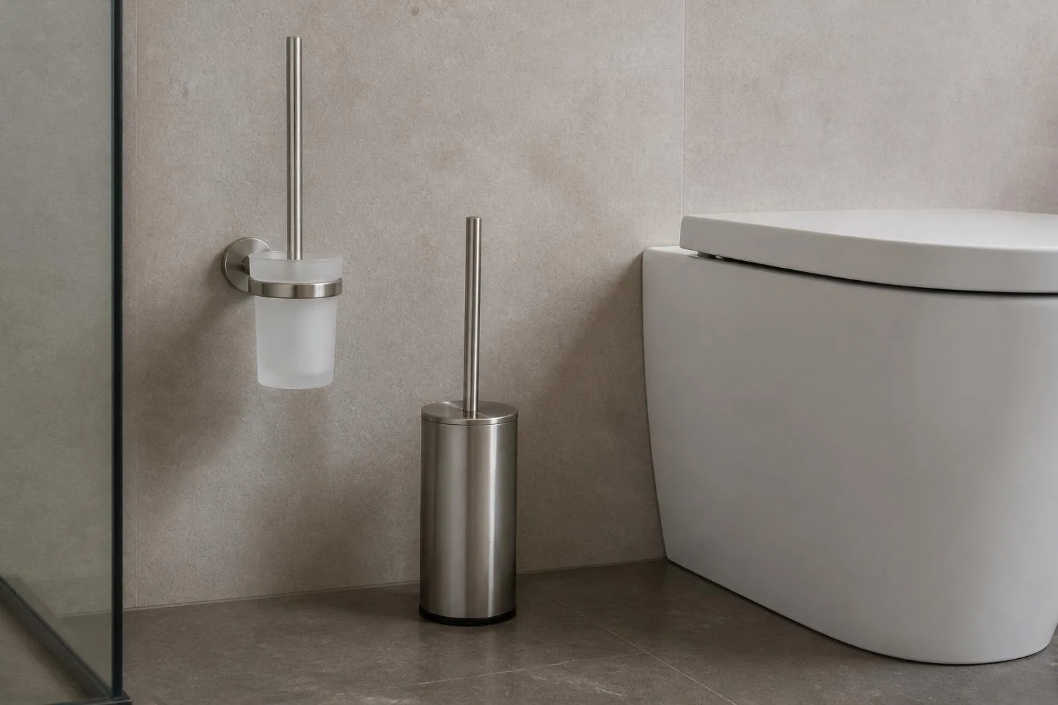 Wandmontierter und stehender WC-Bürstenhalter neben einem WC