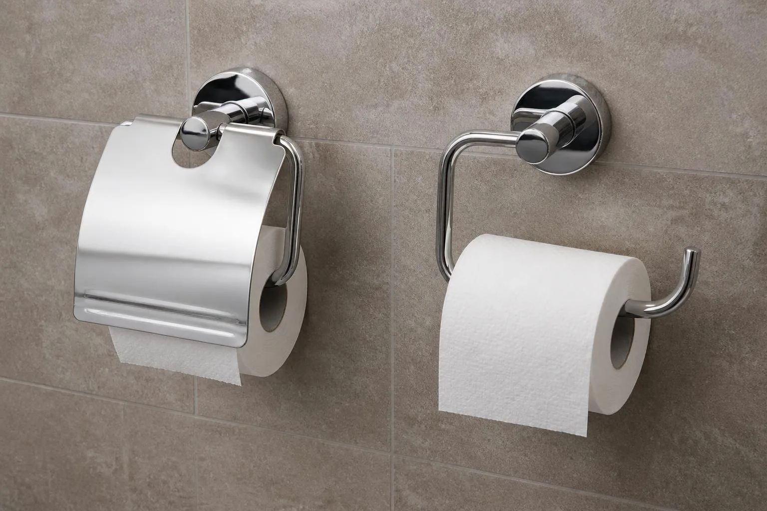 WC-Papierhalter mit Deckel und offene Ausführung an einer gefliesten Badezimmerwand