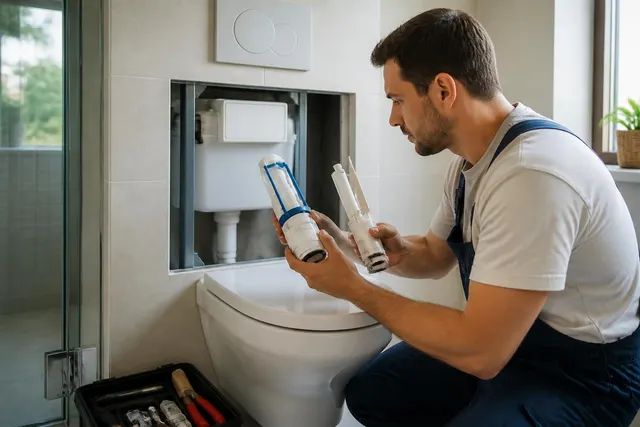 Geöffneter WC-Spülkasten mit sichtbarem Füllventil und Ablaufventil