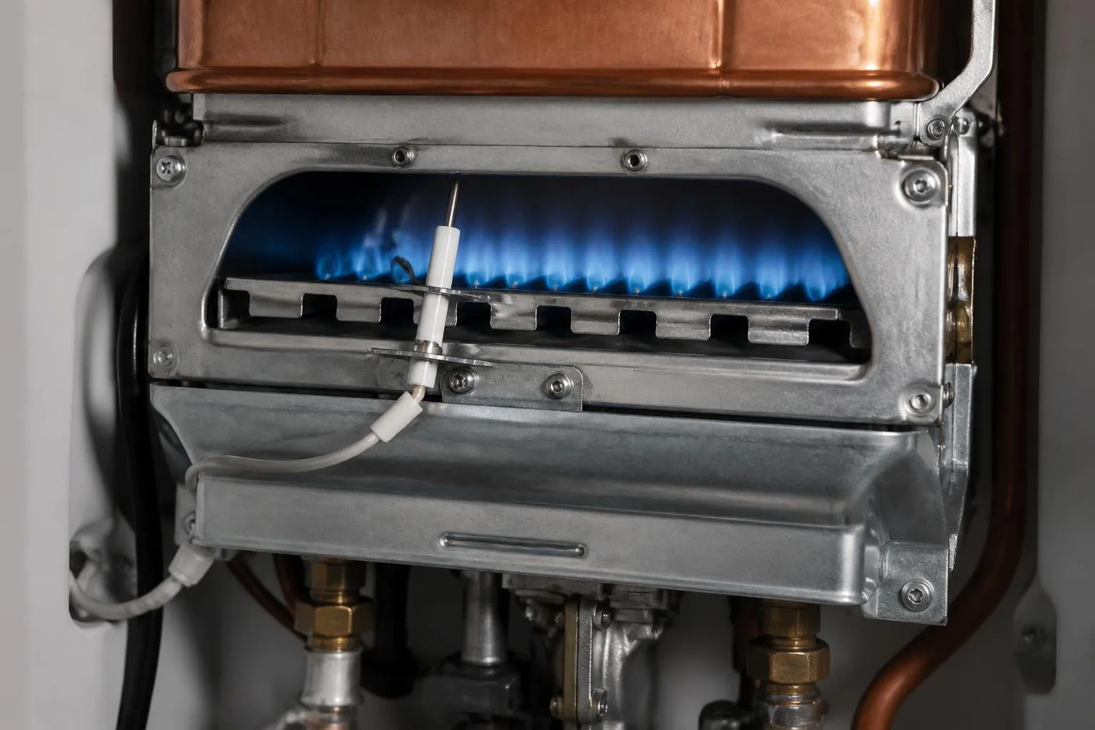 Brenner und Ionisationselektrode eines Gas-Brennwertgeräts
