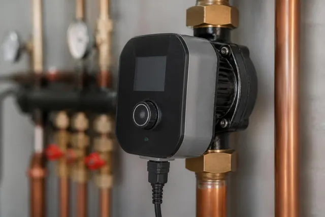 Elektronisch geregelte Umwälzpumpe an Heizungsrohren