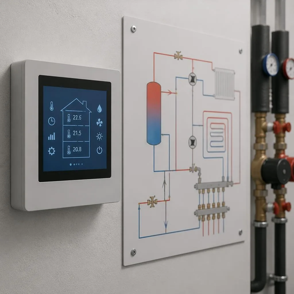 Raummodul mit beleuchtetem Touchscreen an einer Heizungsanlage