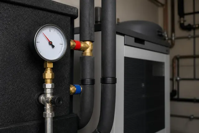 Heizkreisdruck-Manometer an isolierten Rohrleitungen einer Wärmepumpe