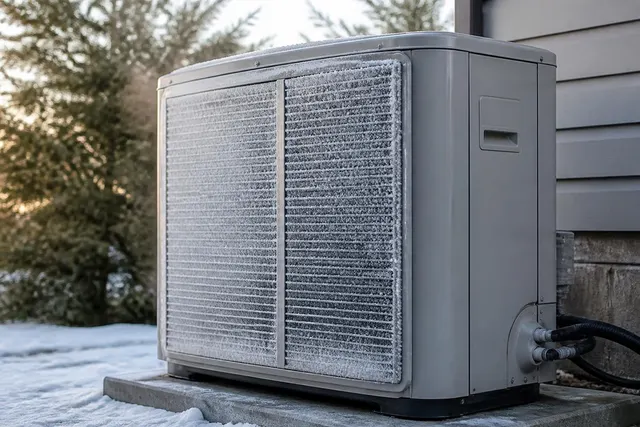 Außengerät einer Wärmepumpe mit leicht bereiftem Wärmetauscher während der Abtauung