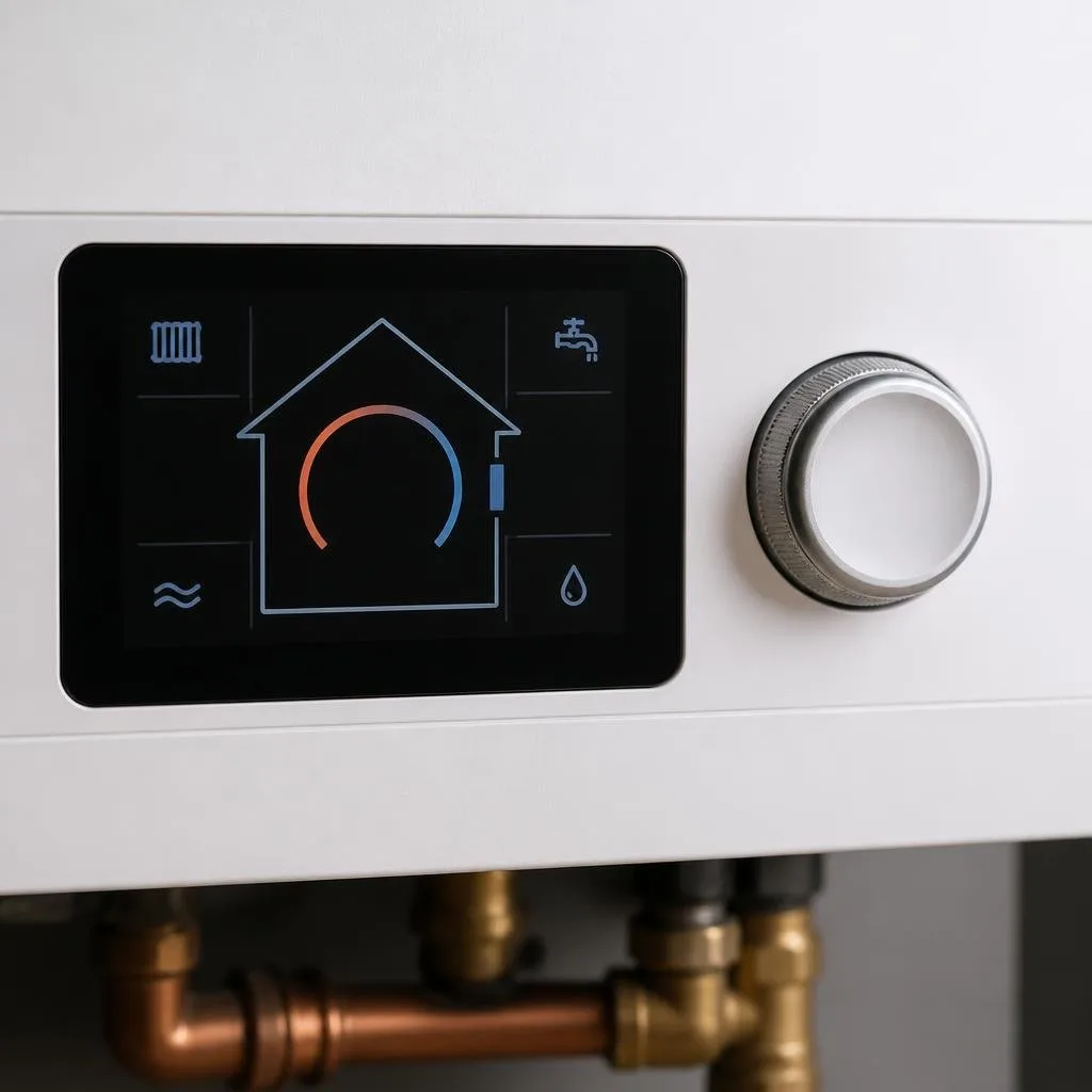 Nahaufnahme eines Heizungs-Bedienmoduls mit Display und Dreh-Druckknopf